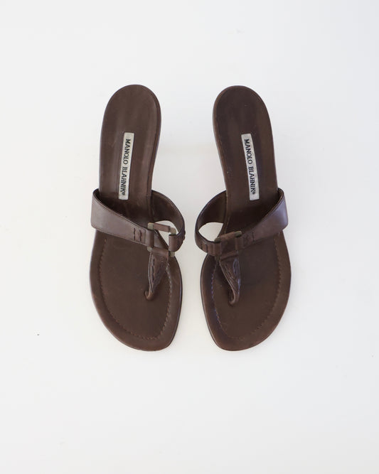 Manolo Blahnik Brown T-Strap Heels