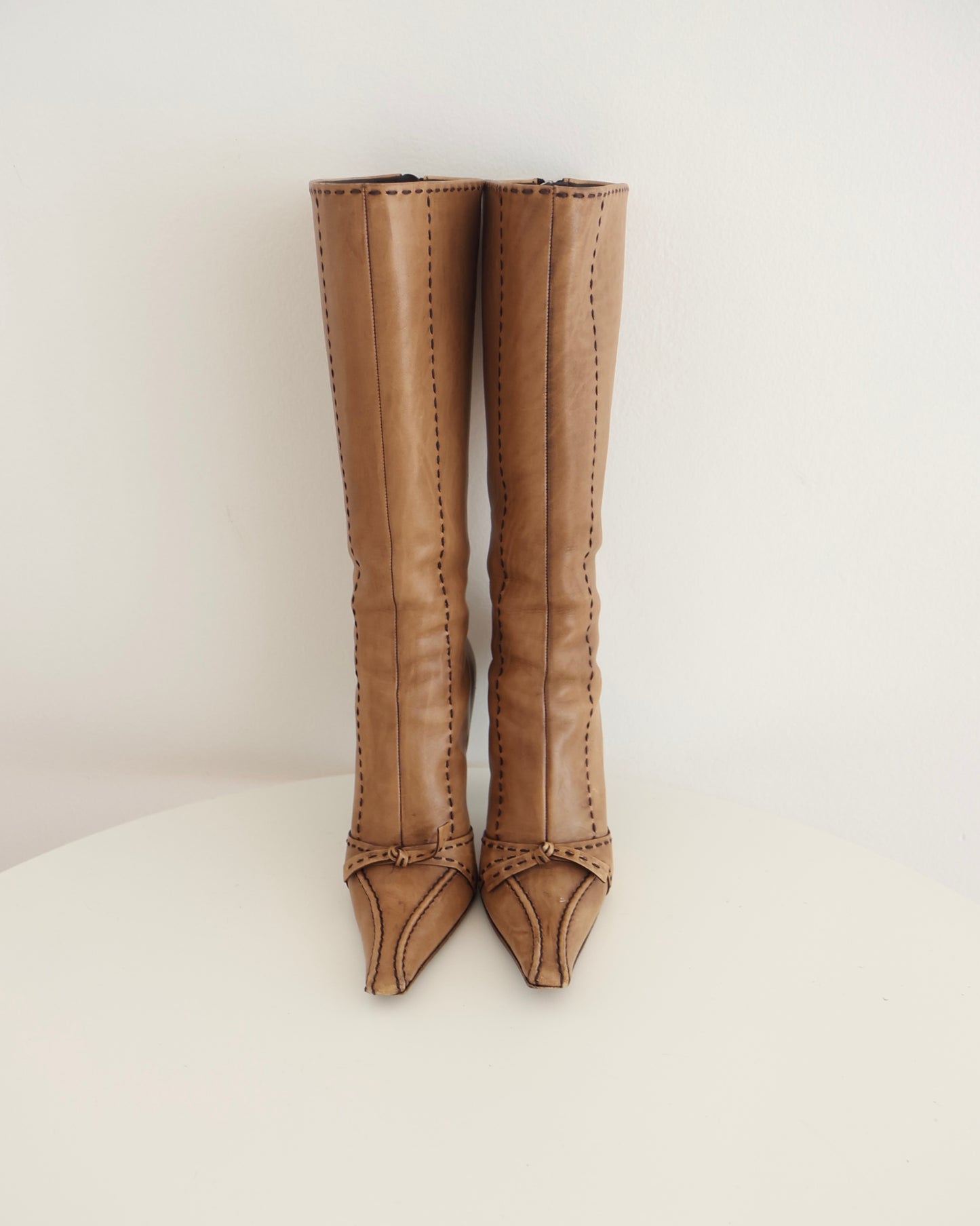 Prada Brown Stitch and Bow Boots