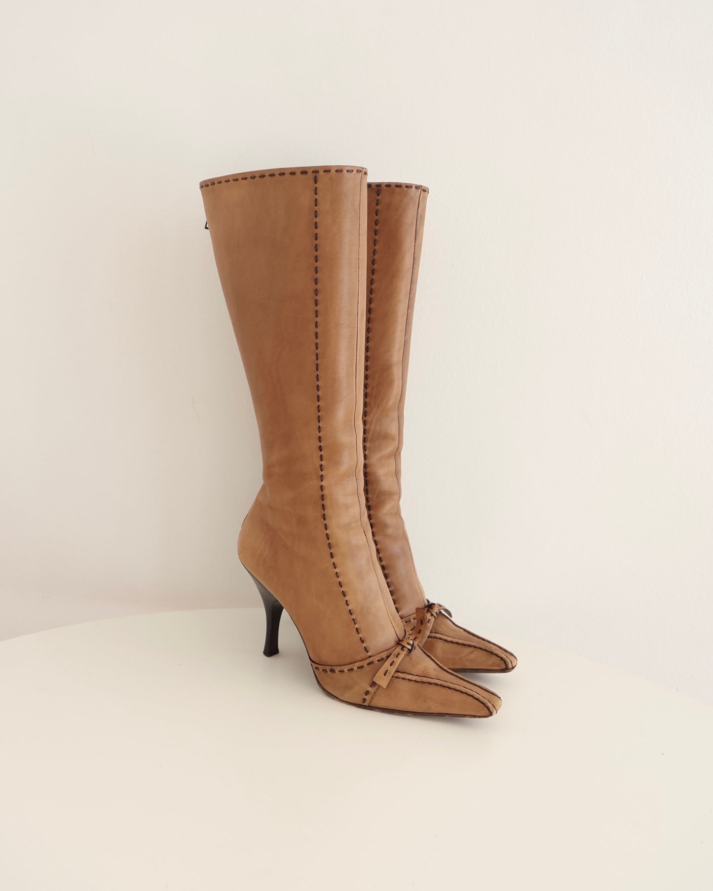 Prada Brown Stitch and Bow Boots