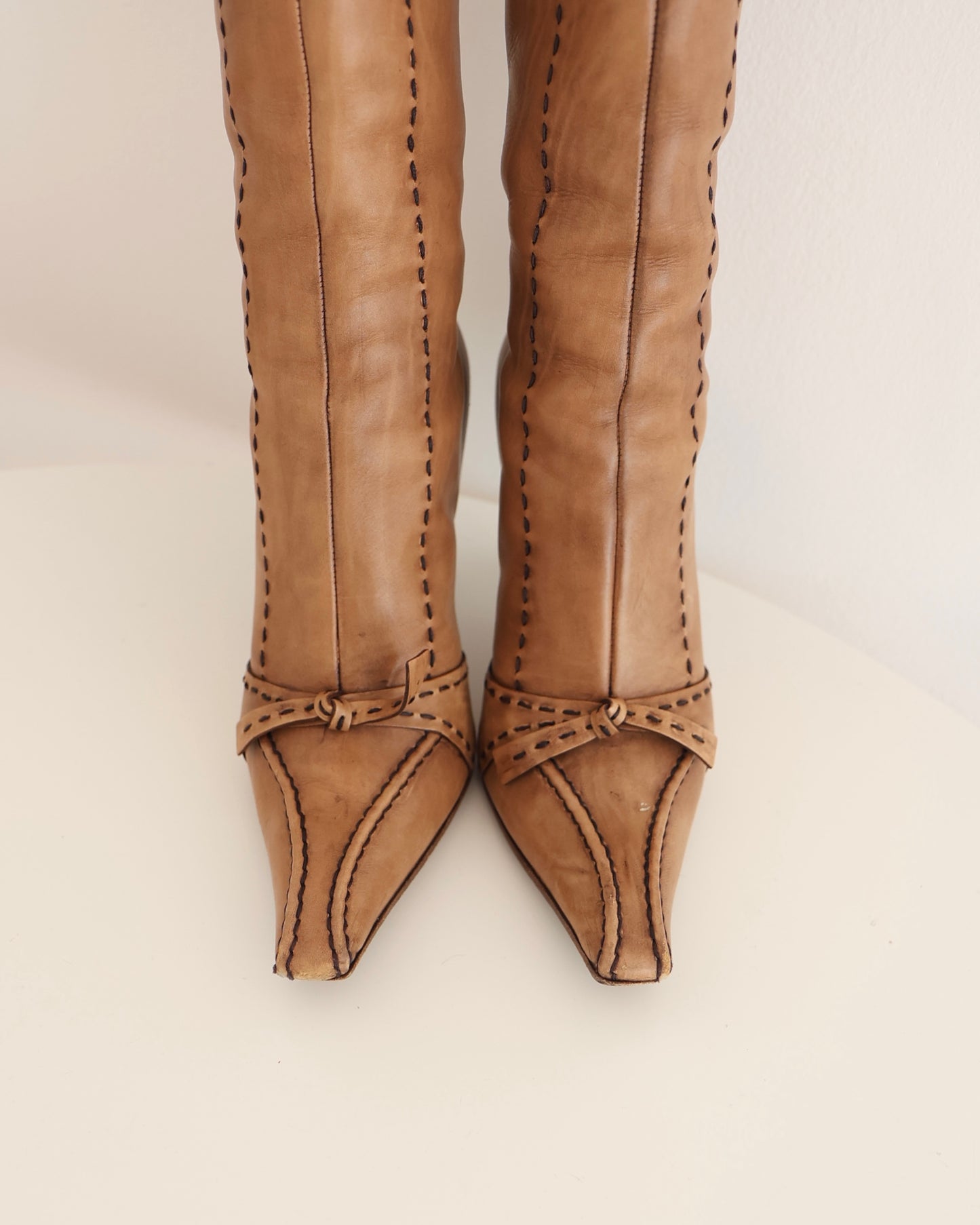 Prada Brown Stitch and Bow Boots