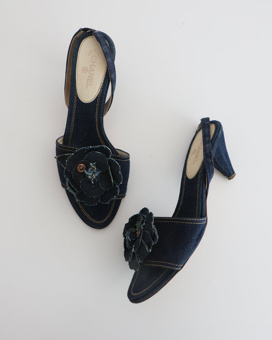 Chanel Denim Camellia Flower Heels