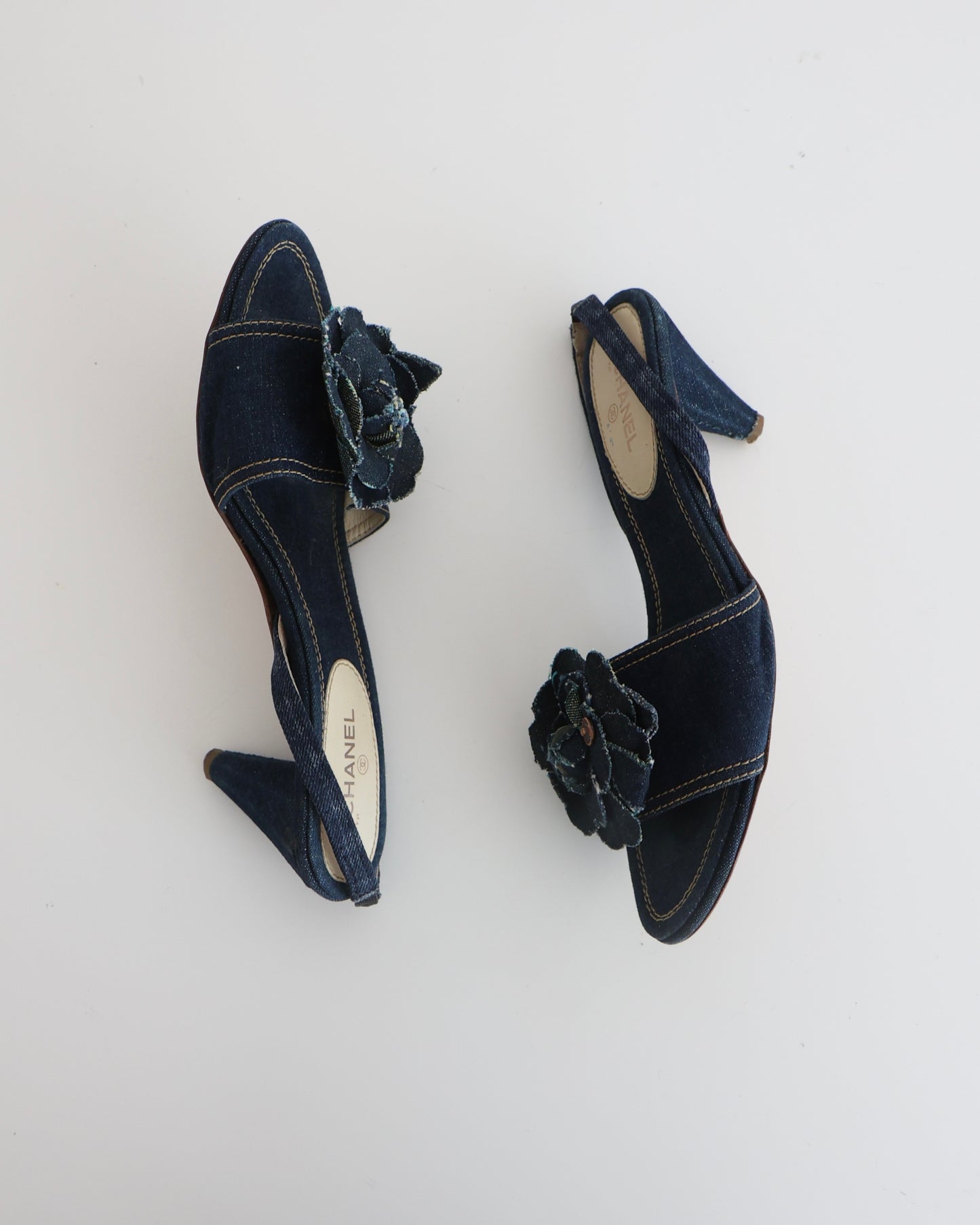 Chanel Denim Camellia Flower Heels