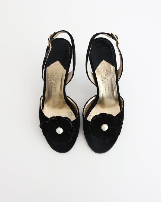 Chanel Black Camellia Flower Heels