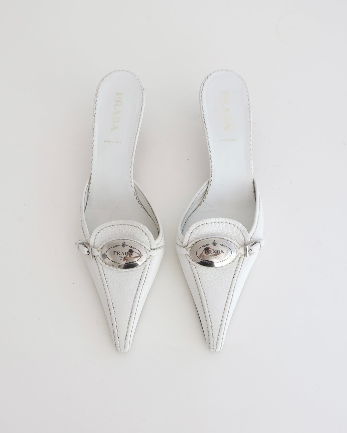 Prada White Leather Silver Heels