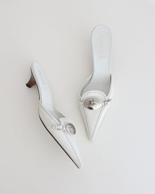 Prada White Leather Silver Heels