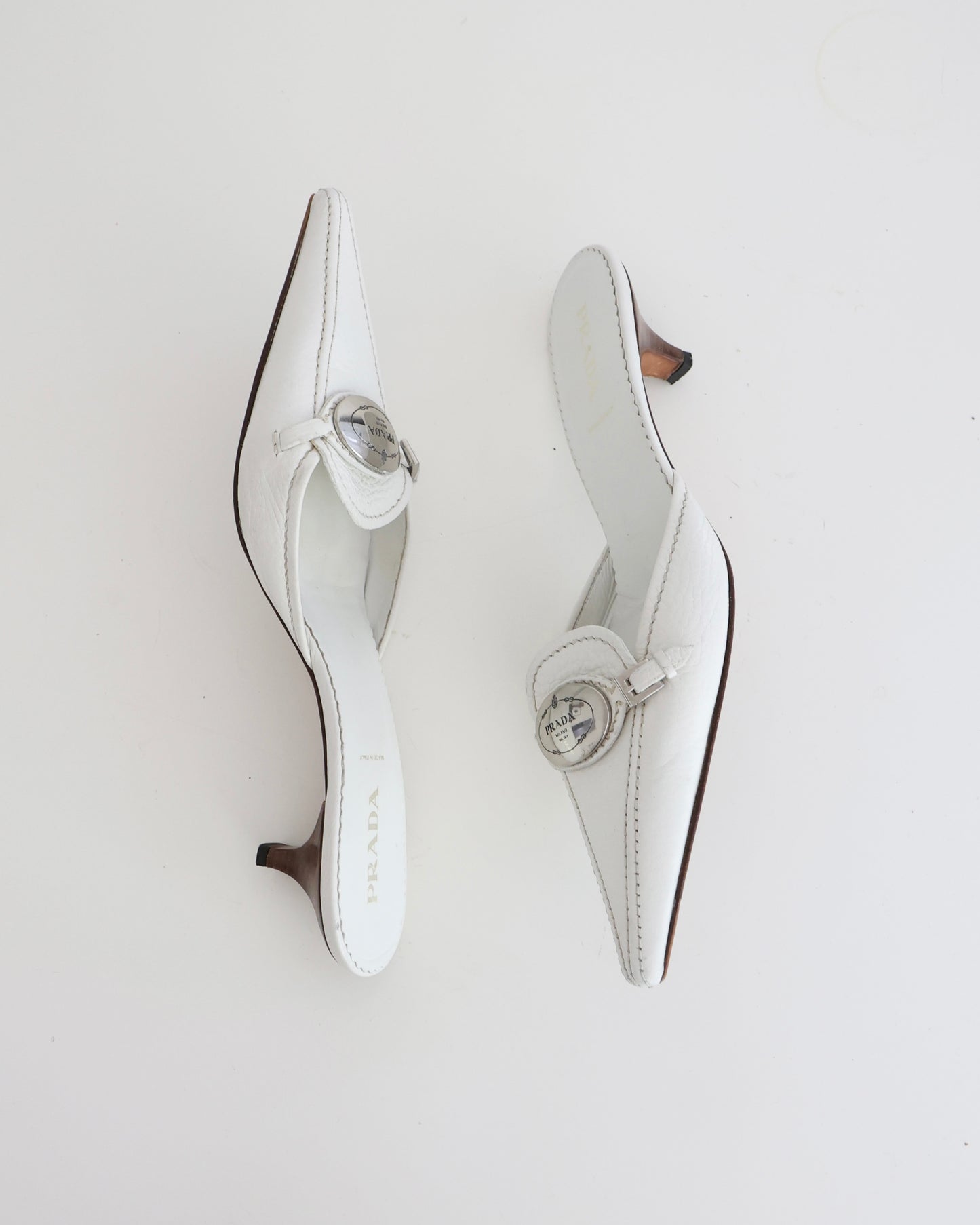Prada White Leather Silver Heels