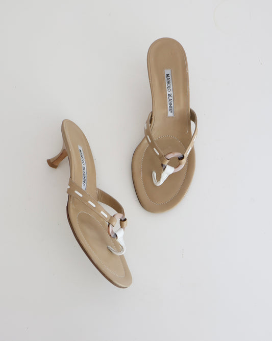 Manolo Blahnik Tan Ring T-Strap Heels