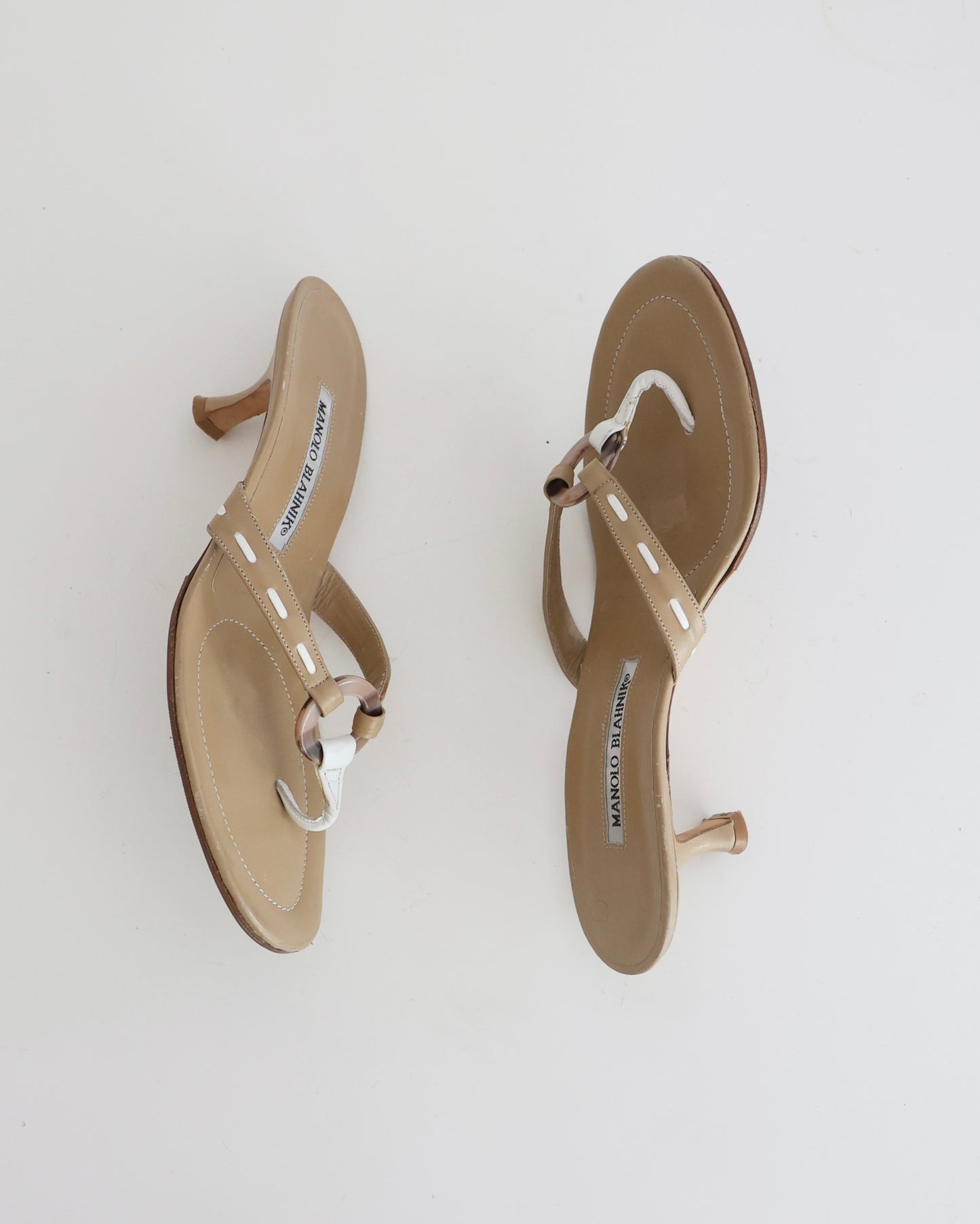 Manolo Blahnik Tan Ring T-Strap Heels
