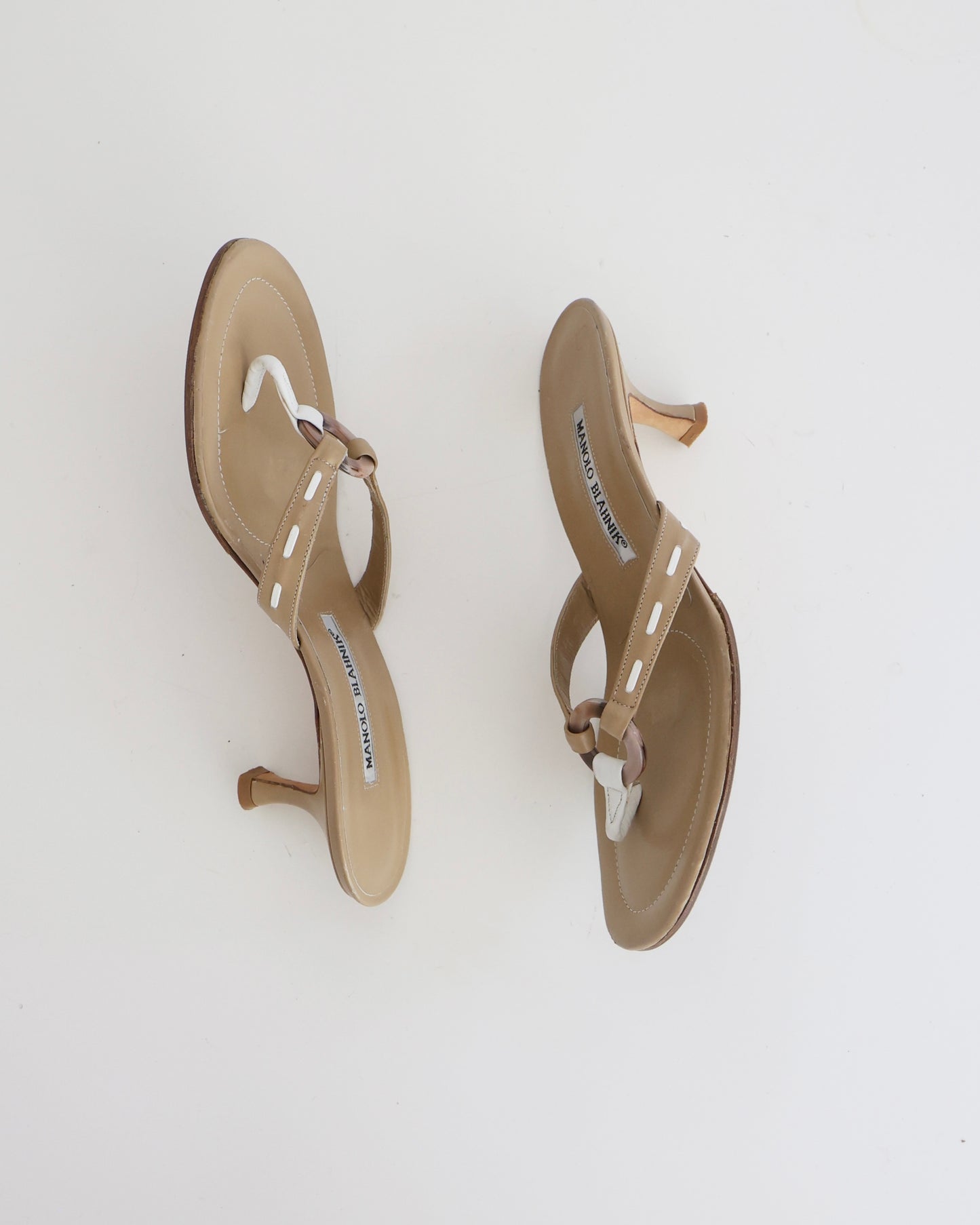 Manolo Blahnik Tan Ring T-Strap Heels