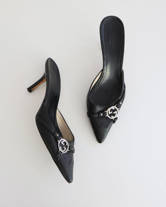 Gucci Black Leather Mules with GG Accents
