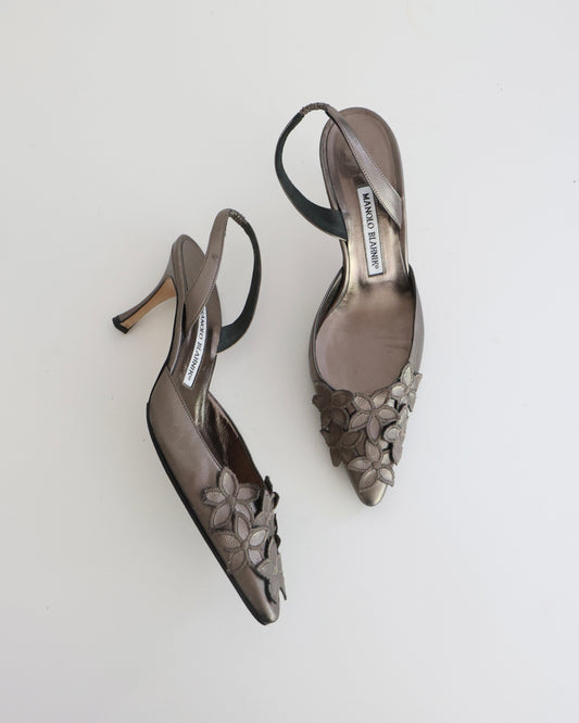 Manolo Blahnik Gray Metallic Flower Heels