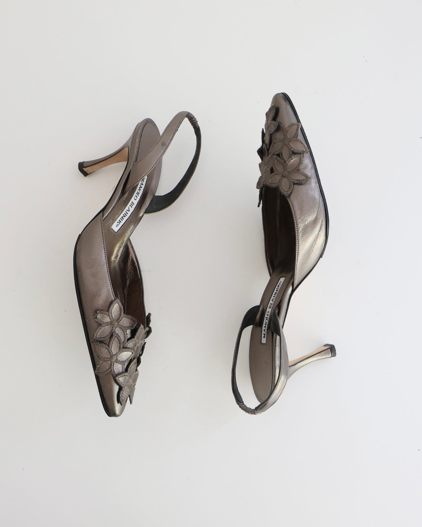 Manolo Blahnik Gray Metallic Flower Heels