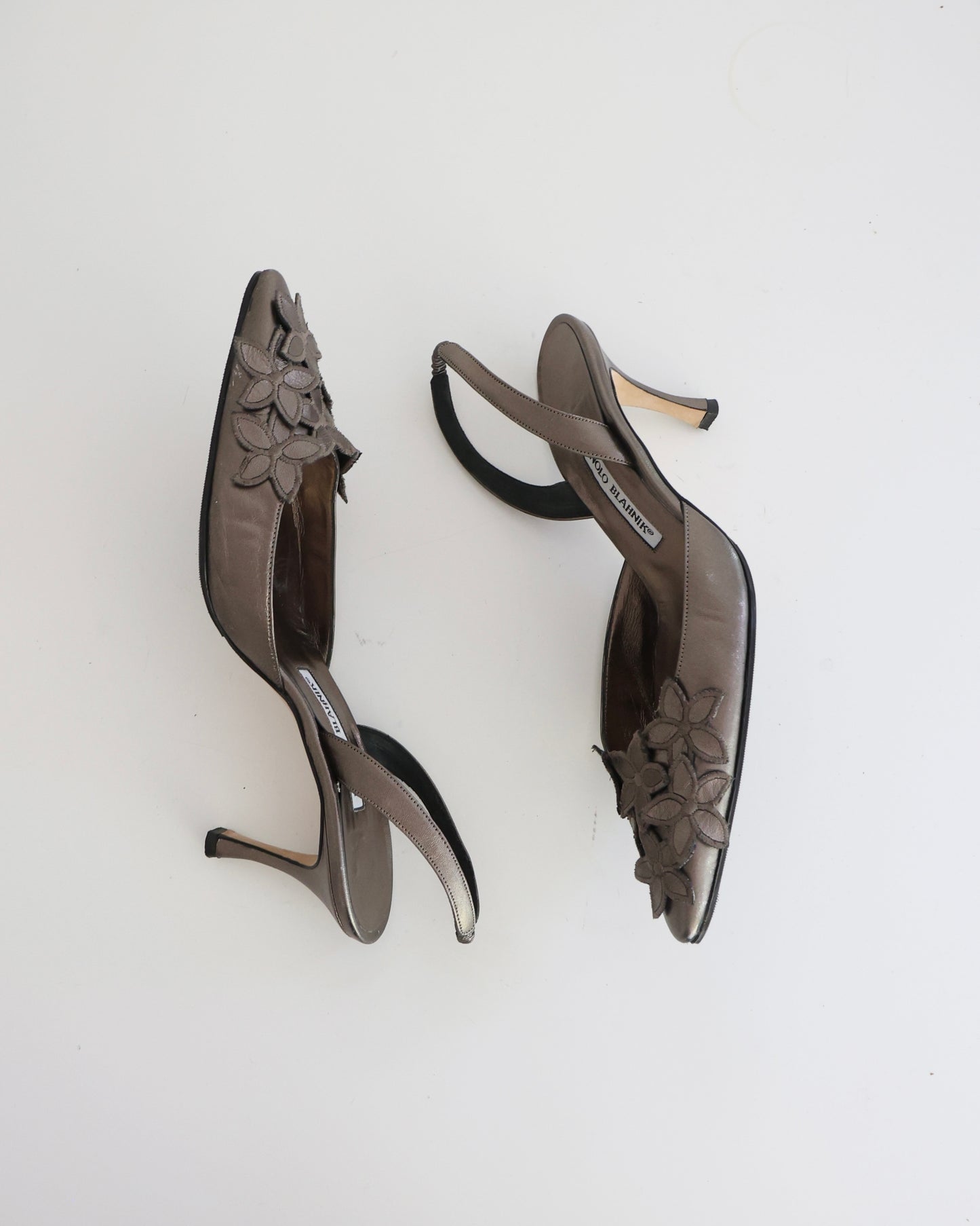 Manolo Blahnik Gray Metallic Flower Heels