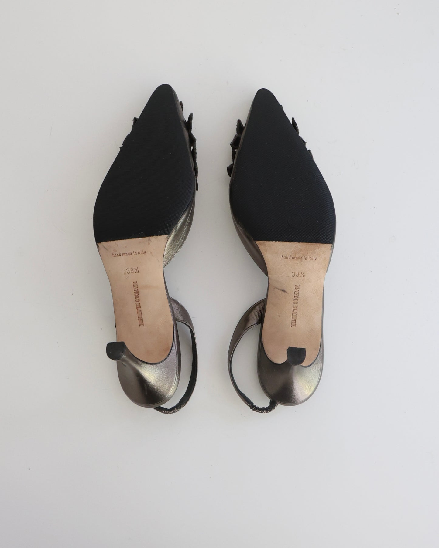 Manolo Blahnik Gray Metallic Flower Heels