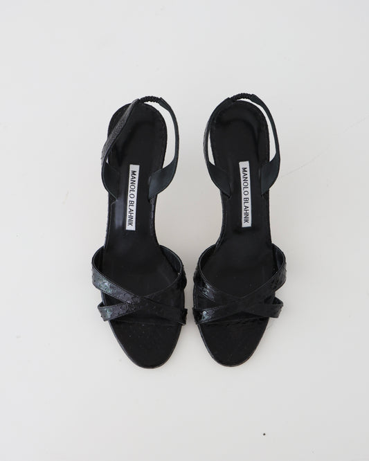 Manolo Blahnik Black Leather Snakeskin Heels 37.5