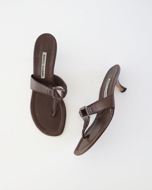 Manolo Blahnik Brown T-Strap Heels
