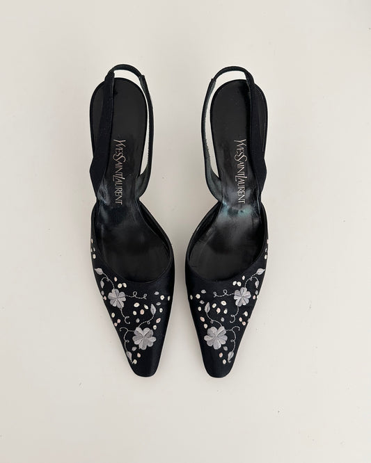 Saint Laurent Black Embroidered Flower Heels