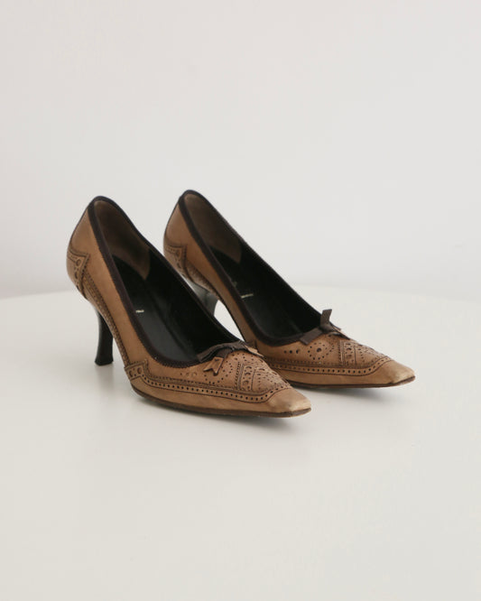 Prada Brown Eyelet Leather Heels