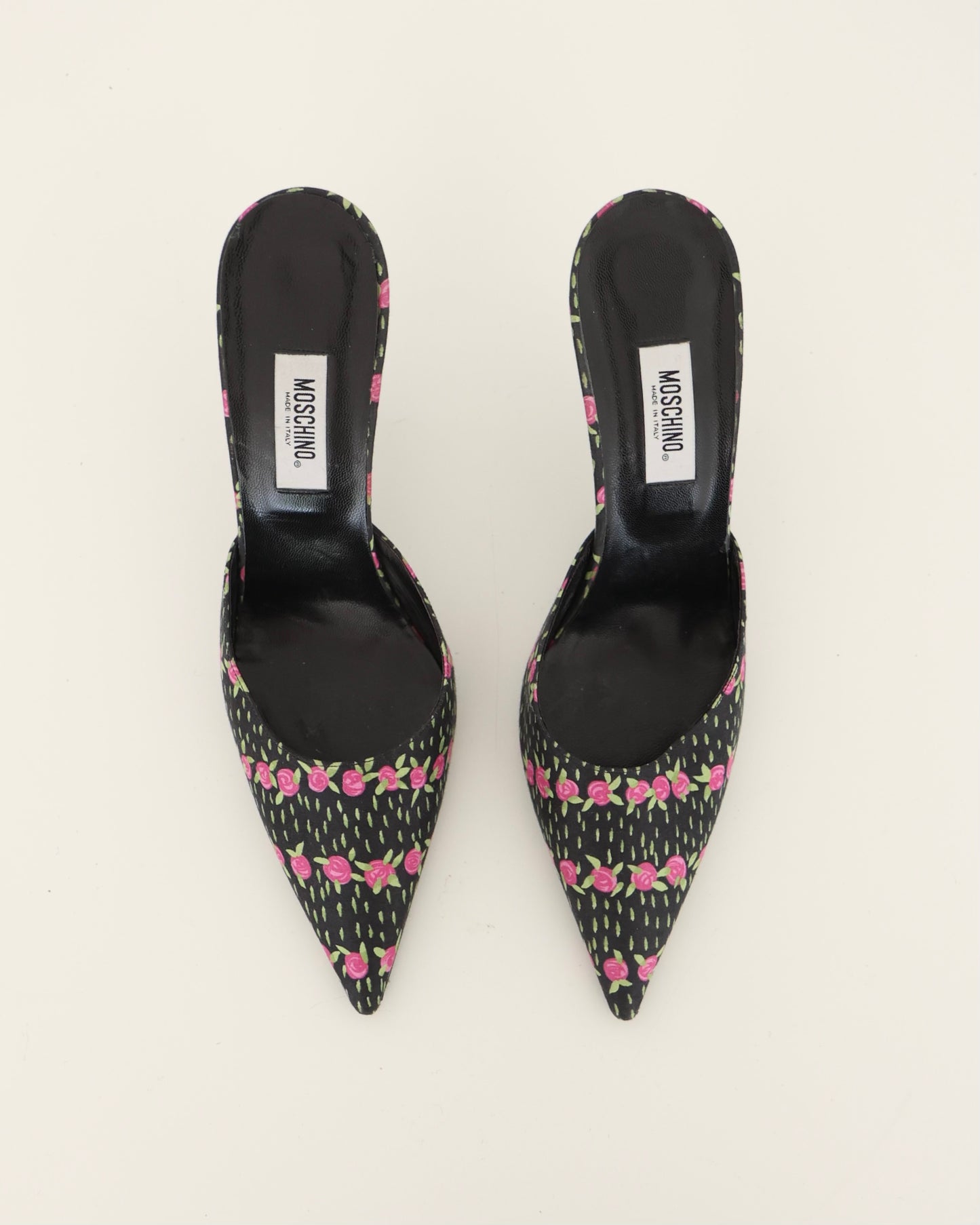 Moschino Pink and Black Floral Mules