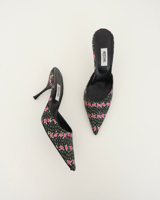 Moschino Pink and Black Floral Mules