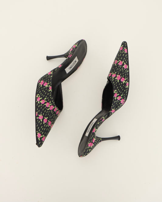 Moschino Pink and Black Floral Mules