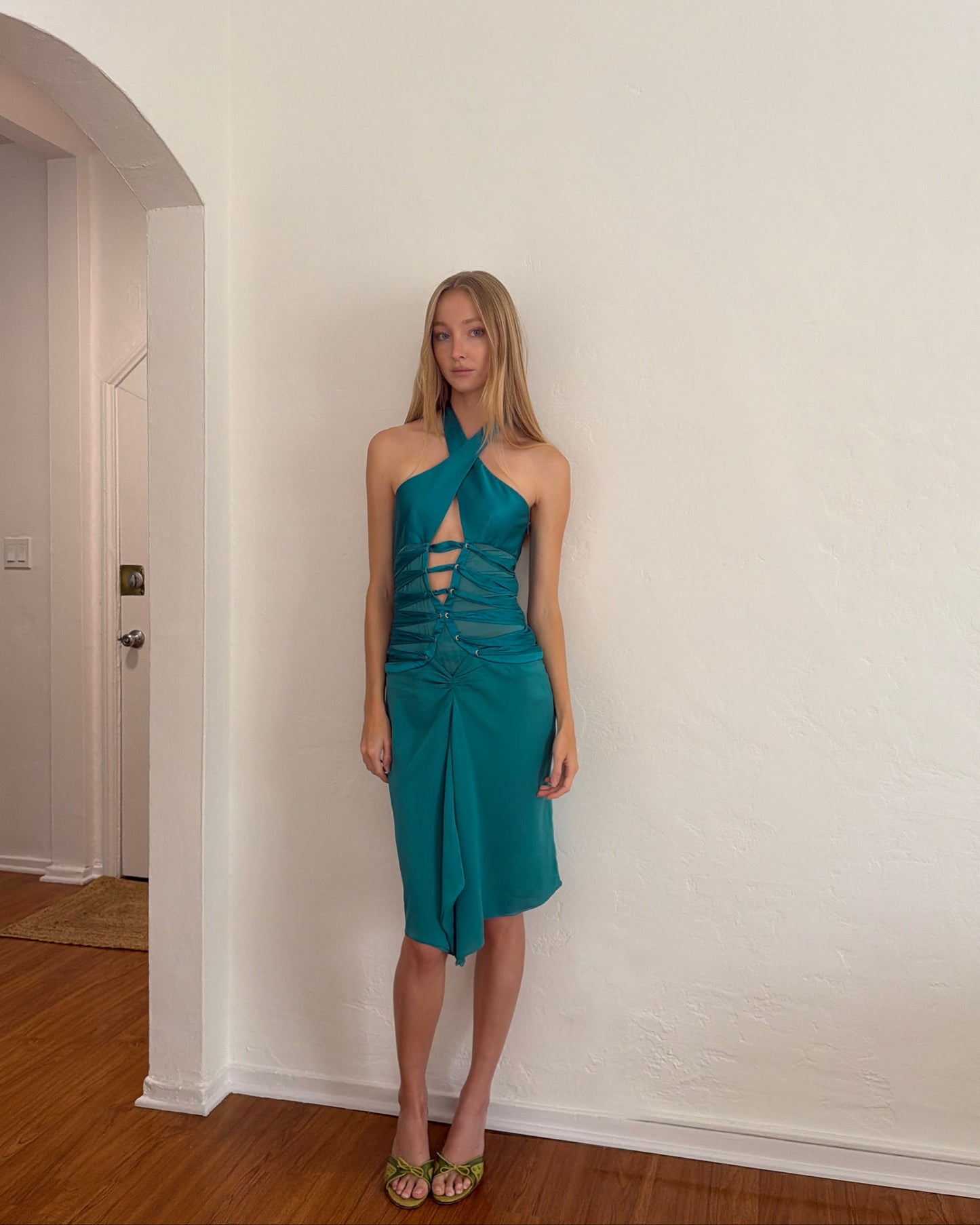 Tom Ford Gucci Teal Lace Up Dress