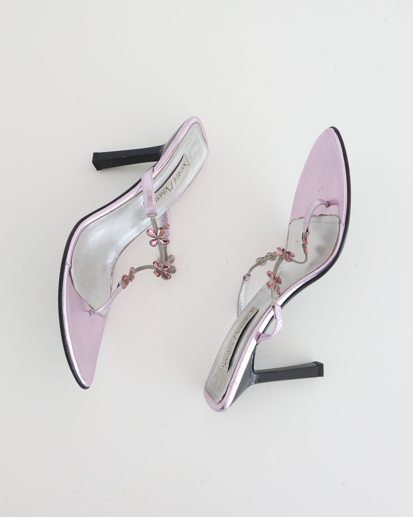 Pink Metallic Flower Thong Heels