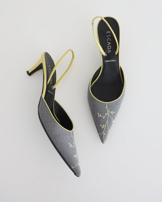 Escada Gray & Yellow Floral Heels