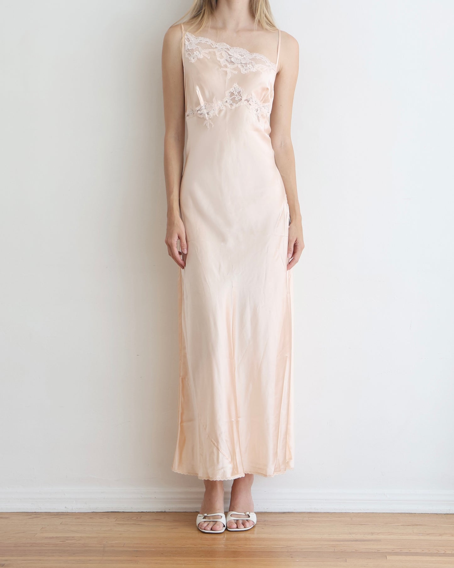 Pink Asymmetrical Lace Slip Dress