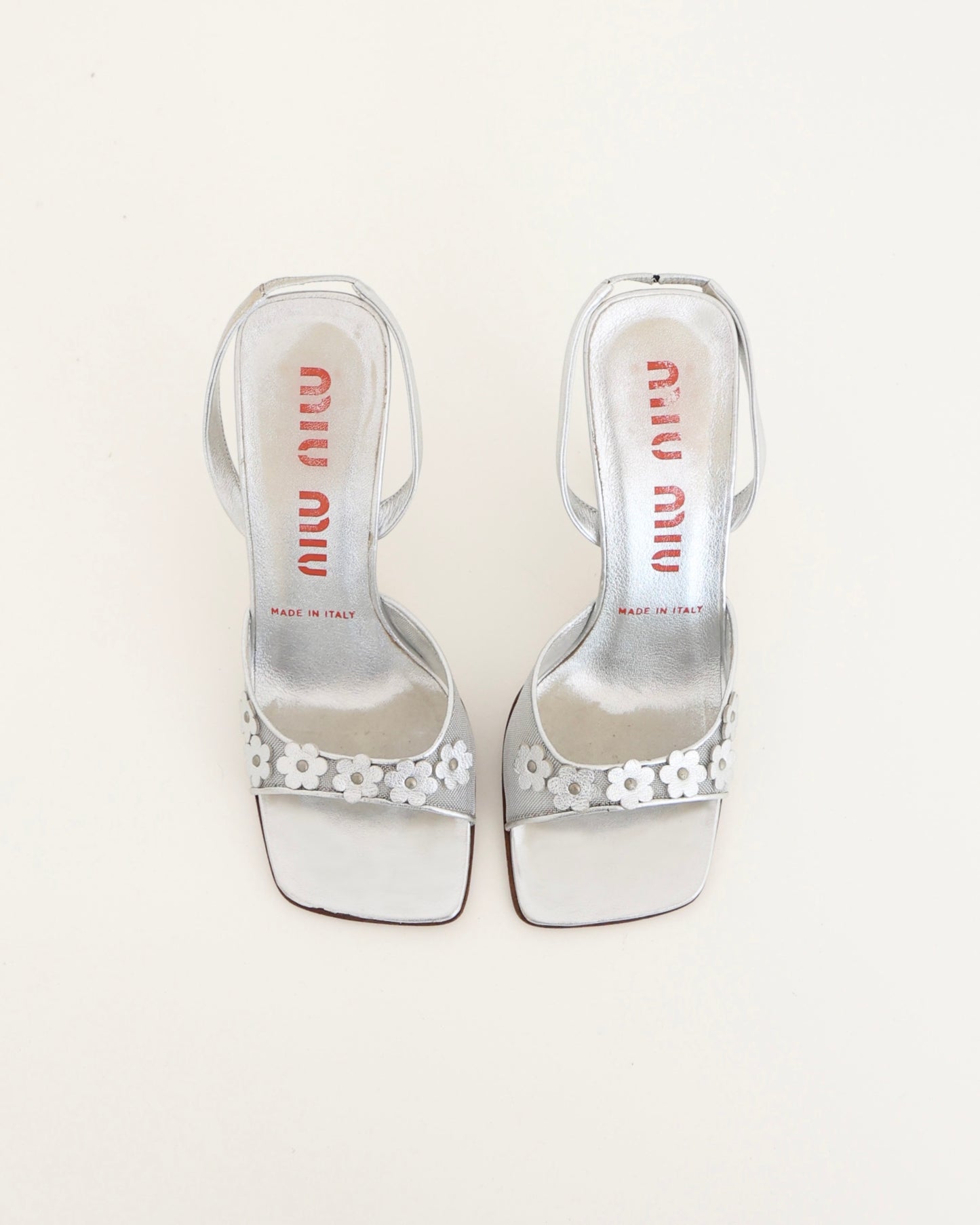 Miu Miu Silver Flower Heels