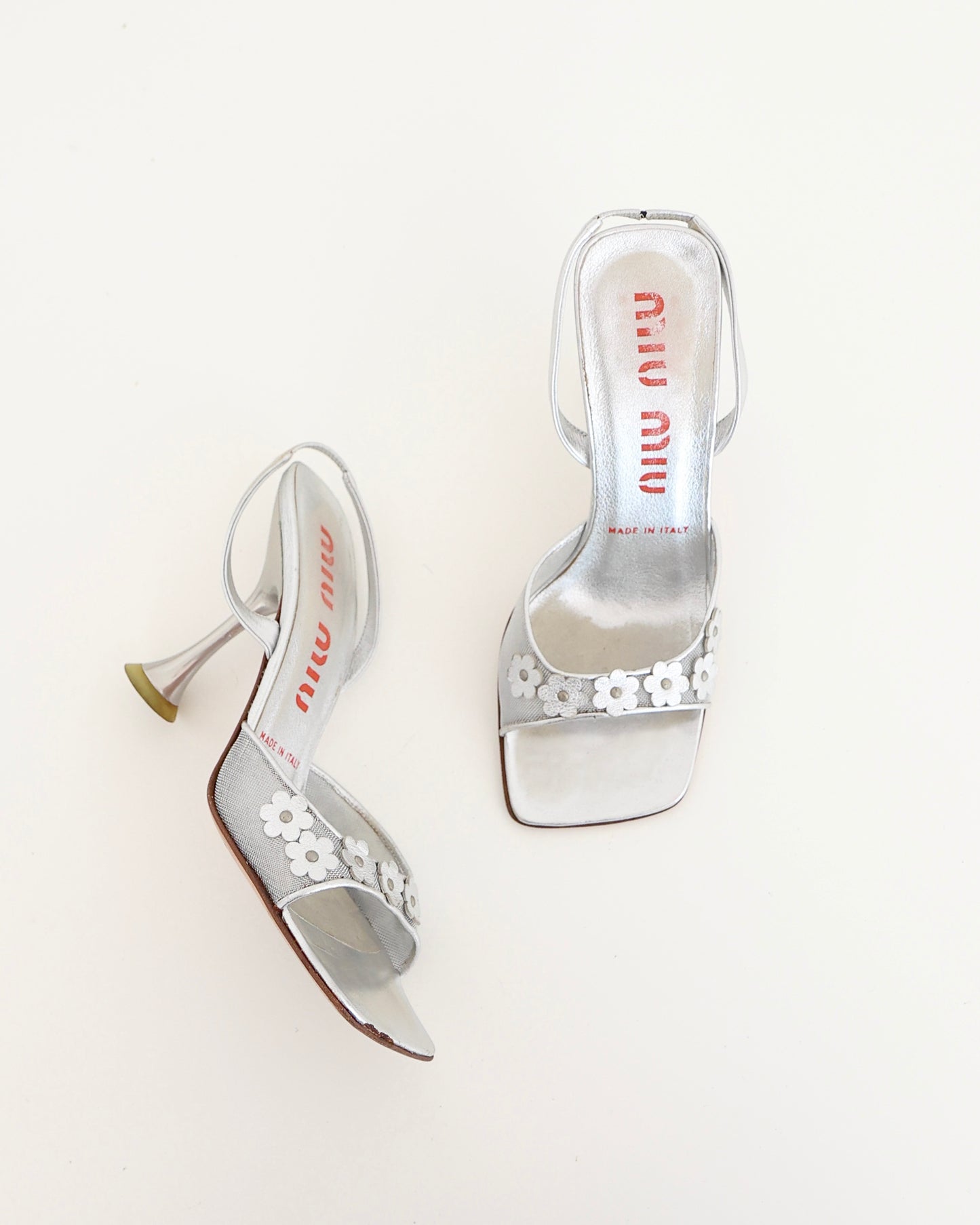 Miu Miu Silver Flower Heels