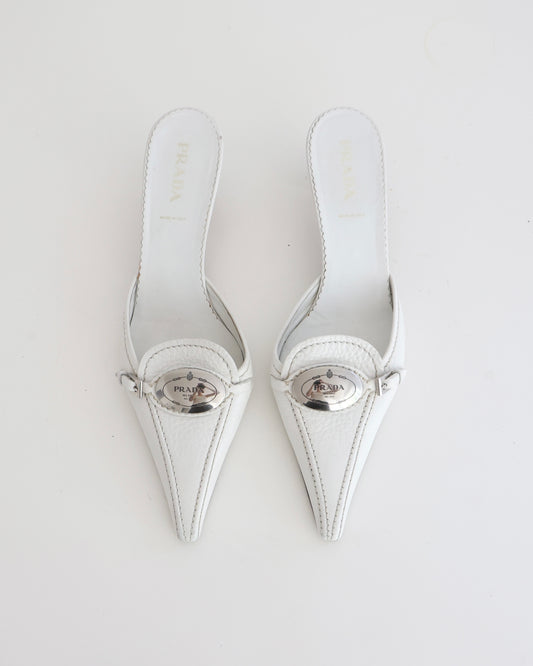 Prada White Leather Silver Heels