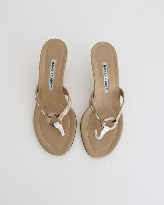 Manolo Blahnik Tan Ring T-Strap Heels