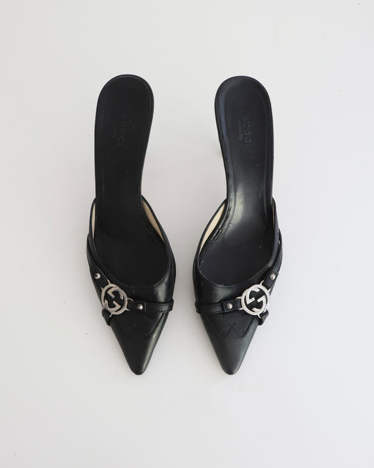 Gucci Black Leather Mules with GG Accents