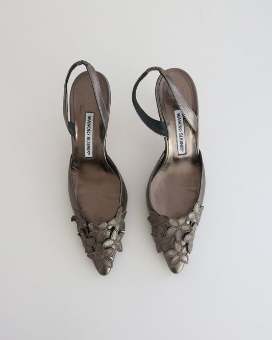 Manolo Blahnik Gray Metallic Flower Heels