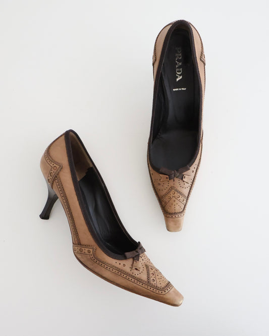 Prada Brown Eyelet Leather Heels 39.5