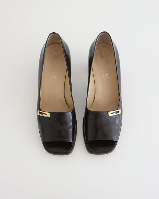 Tom Ford Gucci Black Peep Toe Loafer Heels 7.5