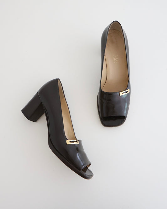 Tom Ford Gucci Black Peep Toe Loafer Heels 7.5