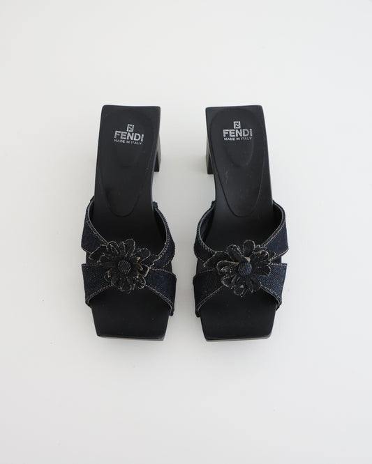 Fendi Navy Denim Flower Block Heels