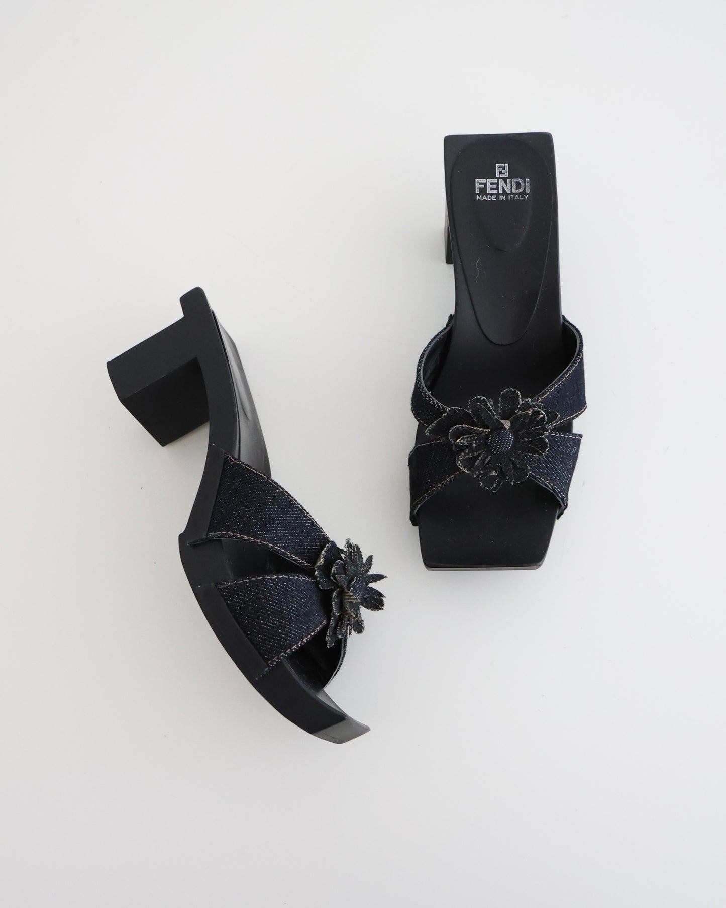 Fendi Navy Denim Flower Block Heels