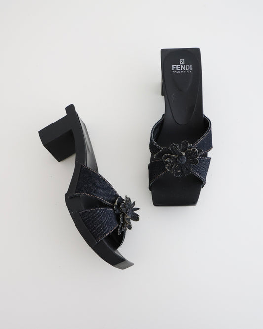 Fendi Navy Denim Flower Block Heels
