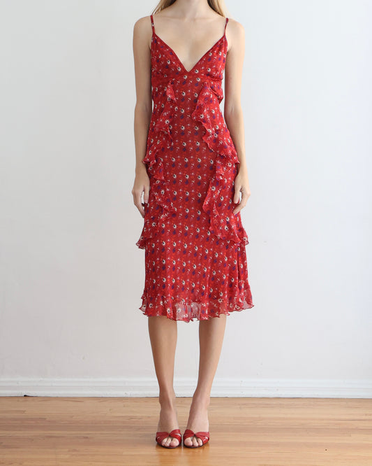 Dior Galliano Red Floral Dress S