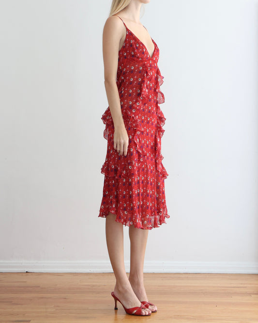 Dior Galliano Red Floral Dress S