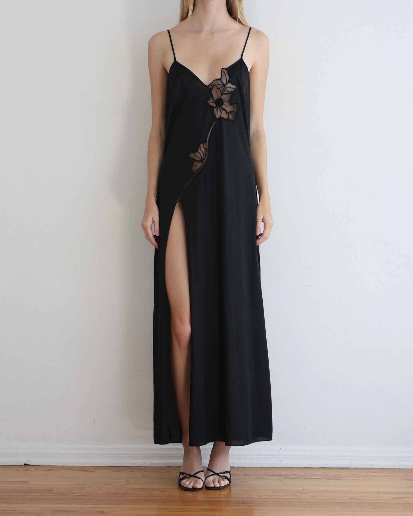 Vintage Black Floral Slip Dress S