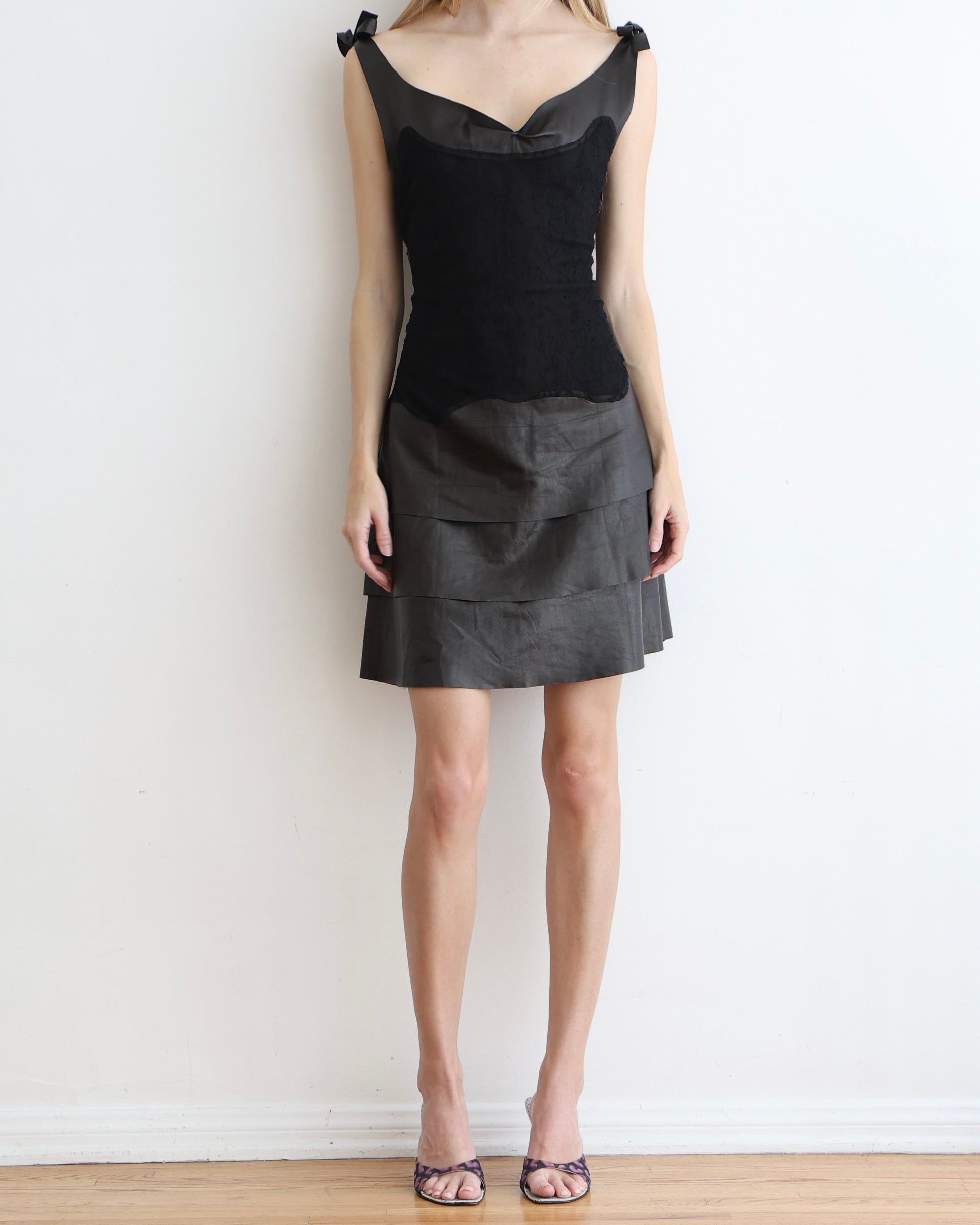 alexander mcqueen lace dress 2010 Black Crepe & Sheer Illusion High-Low Gown line dress in flame red compact wool viscose Alexander McQueen Black Leather Lace