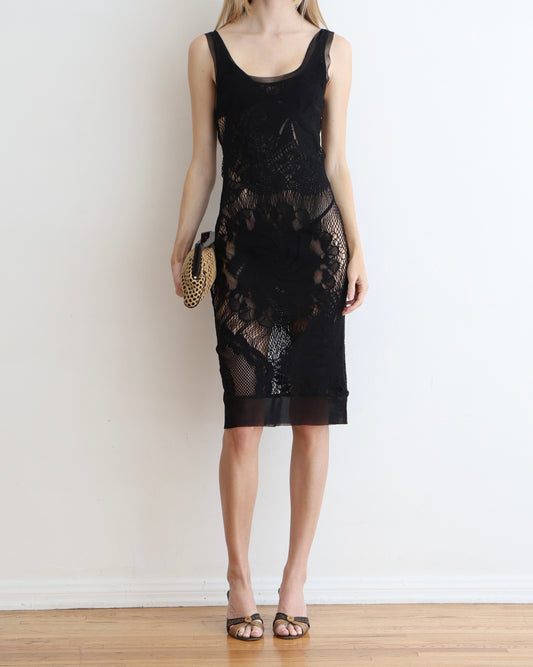 Jean Paul Gaultier Black Crochet Midi Dress 40