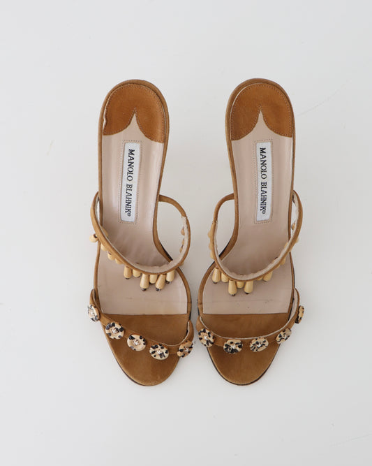 Manolo Blahnik Brown Beaded Heels 37.5