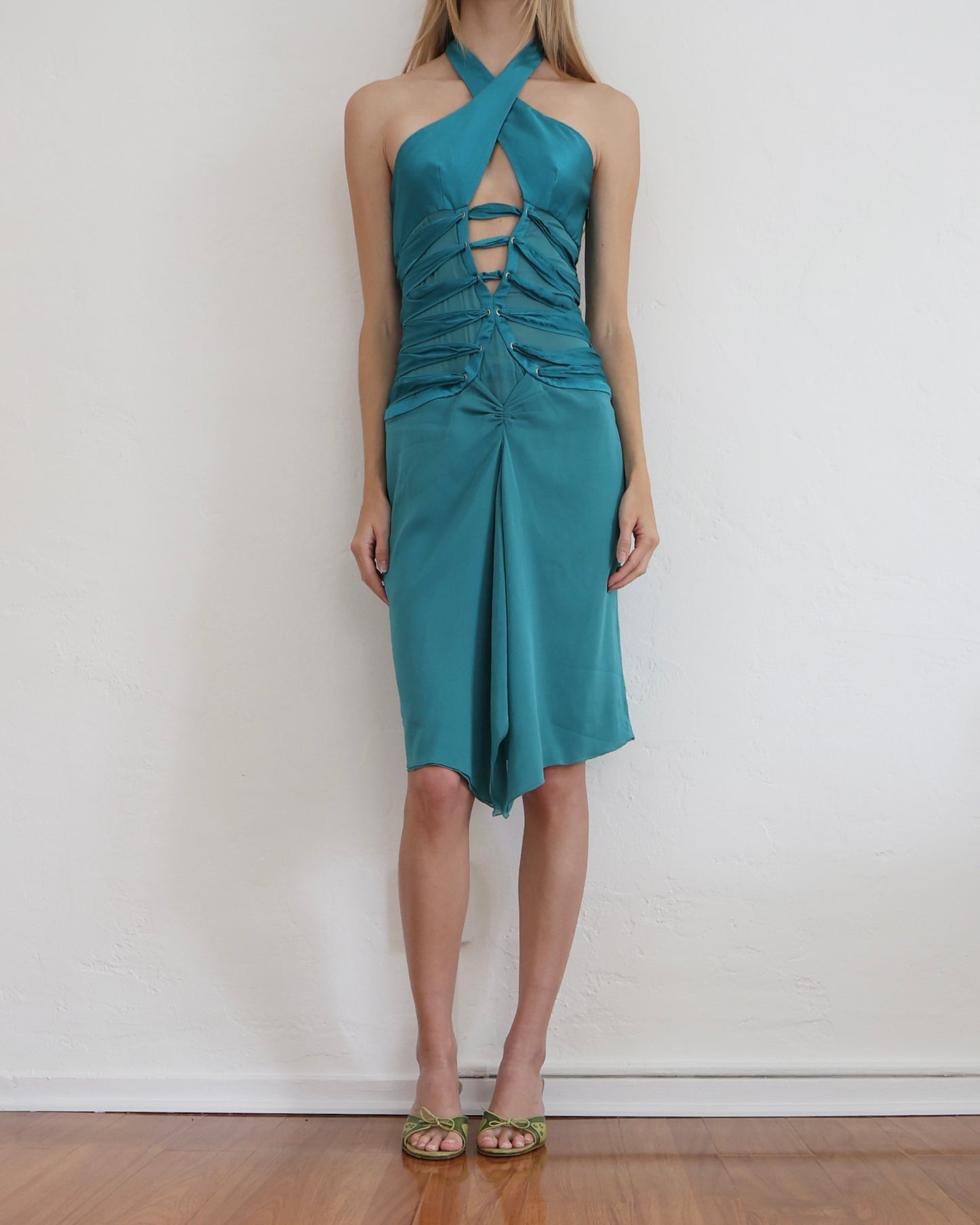 Tom Ford Gucci Teal Lace Up Dress