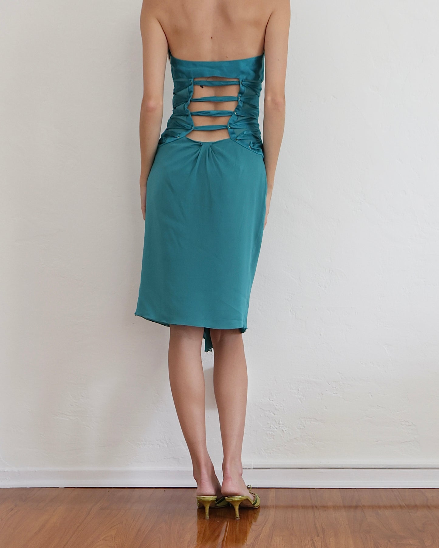 Tom Ford Gucci Teal Lace Up Dress