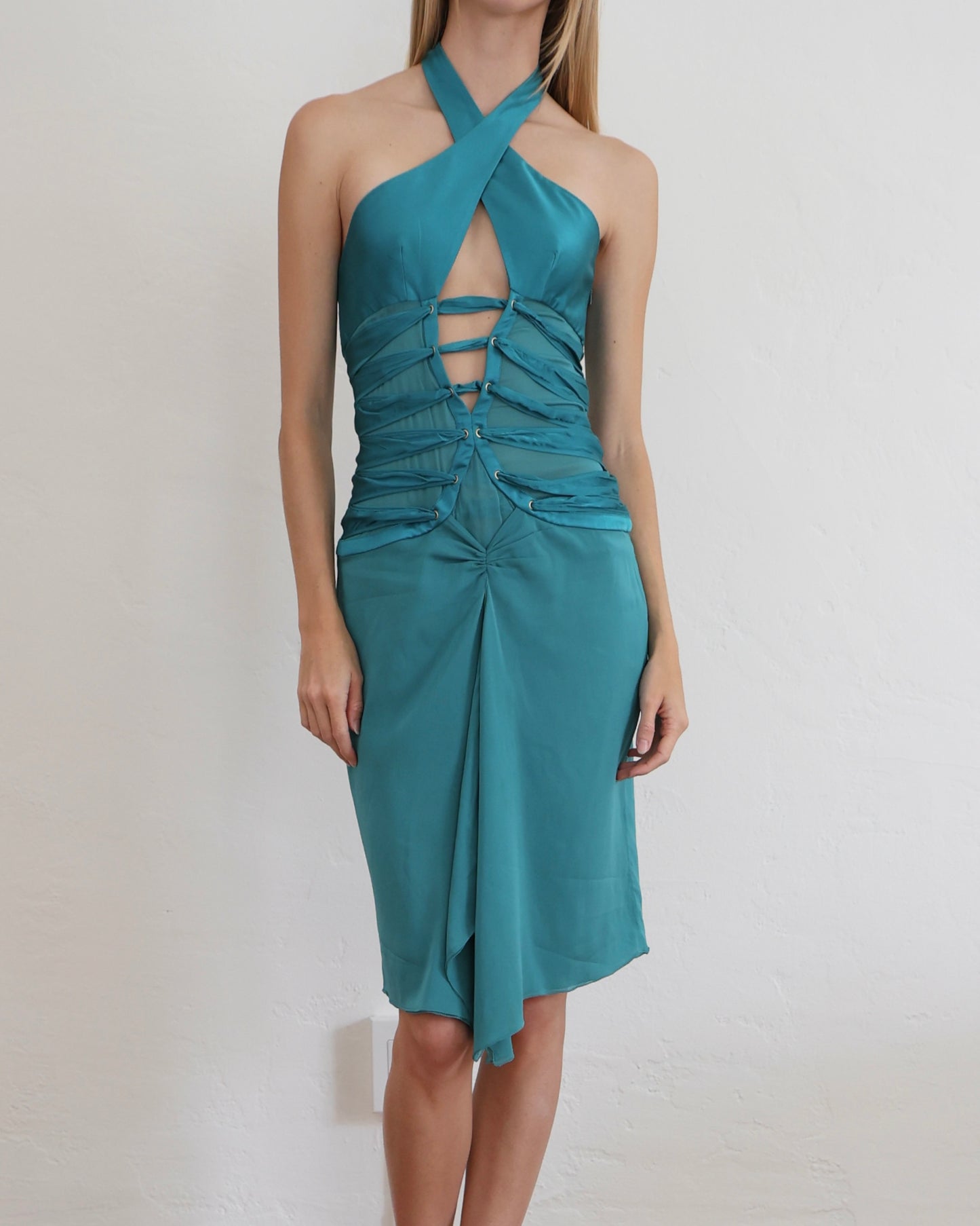 Tom Ford Gucci Teal Lace Up Dress